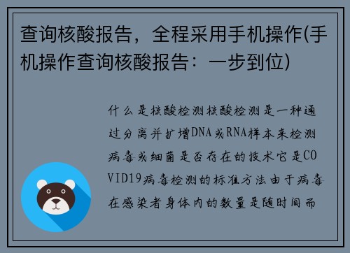查询核酸报告，全程采用手机操作(手机操作查询核酸报告：一步到位)